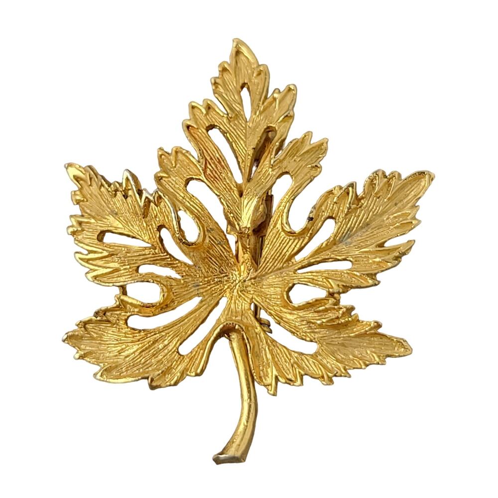 Vintage Gold-Tone Leaf Brooch Pin, 1.6" x 1.85" Textured Design